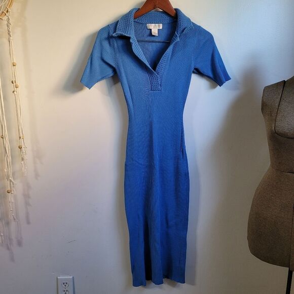 Caroline Constas Ribbed Knit V-Neck Midi Sweater Dress Blue Size Small - Picture 2 of 7